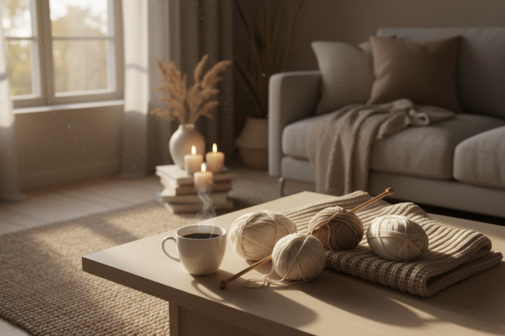 Slow living: hvorfor kaffe og kreative hobbyer giver mere ro i hverdagen Hyggelig slow living-stemning med kaffe, garn og strikkeprojekt i nordisk stue.